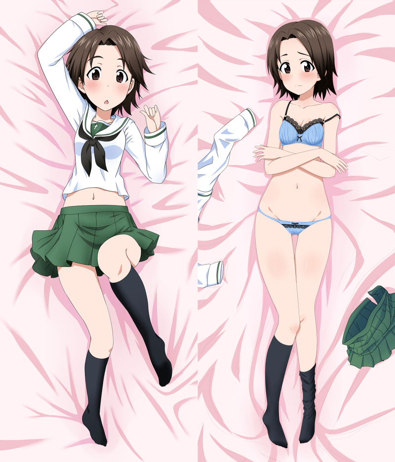 1girl bangs bed_sheet black_legwear black_neckwear blouse blue_bra blue_panties blush bow bow_bra bow_panties bra breasts brown_eyes brown_hair closed_mouth clothes_removed commentary_request crossed_arms dakimakura from_above girls_und_panzer green_skirt lace lace-trimmed_bra light_frown long_sleeves looking_at_viewer lying midriff miniskirt navel neckerchief nekota_susumu on_back on_bed ooarai_school_uniform panties parted_bangs parted_lips pleated_skirt sawa_azusa school_uniform serafuku short_hair skirt small_breasts socks strap_slip thigh_gap underwear underwear_only white_blouse
