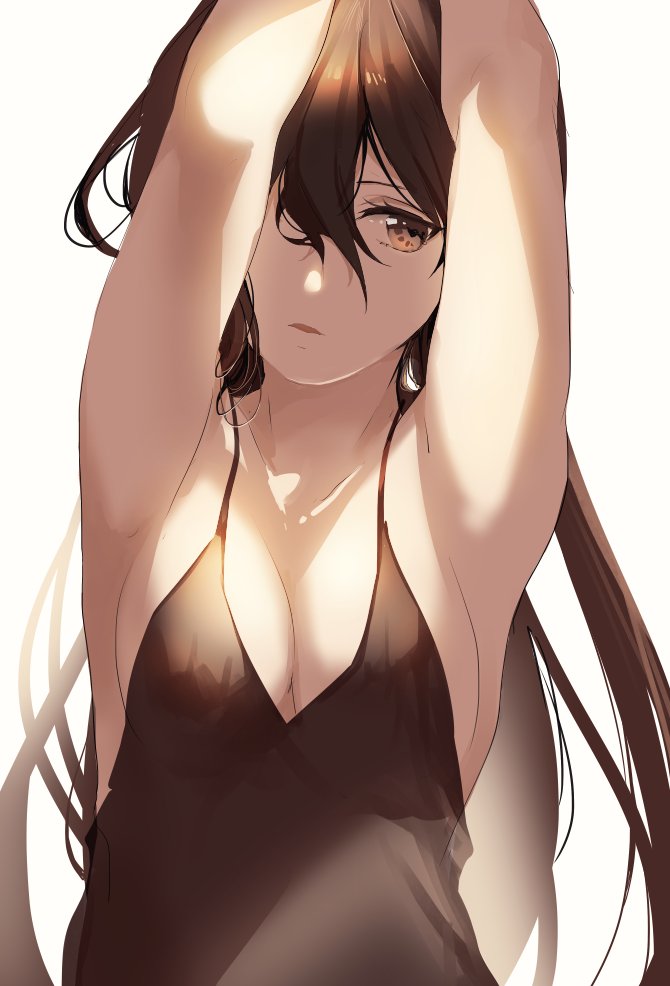 1girl armpits arms_up breasts brown_eyes brown_hair camisole cleavage hair_between_eyes long_hair medium_breasts original parted_lips sakuragi_kei simple_background solo upper_body white_background