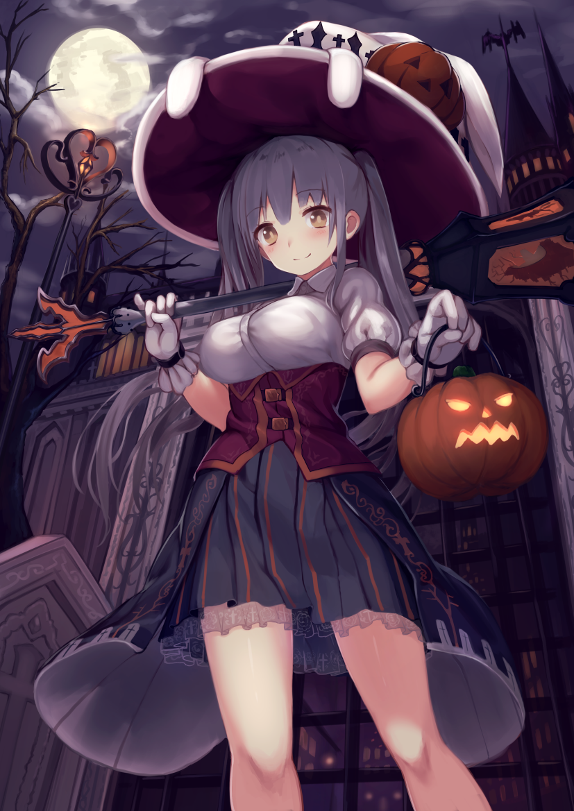 1girl animal_ears bangs black_skirt blush breasts broken_glass brown_eyes closed_mouth clouds cloudy_sky collared_shirt commentary_request cross eyebrows_visible_through_hair frilled_gloves frills full_moon gate glass gloves glowing grey_hair hair_between_eyes halloween hat holding_lantern jack-o'-lantern lamppost large_breasts latin_cross long_hair looking_at_viewer moon night night_sky original outdoors pinky_out pleated_skirt puffy_short_sleeves puffy_sleeves pumpkin rabbit_ears see-through shirt short_sleeves skirt sky smile solo standing striped tower twintails underbust usagino_suzu vertical-striped_skirt vertical_stripes white_gloves white_hat white_shirt