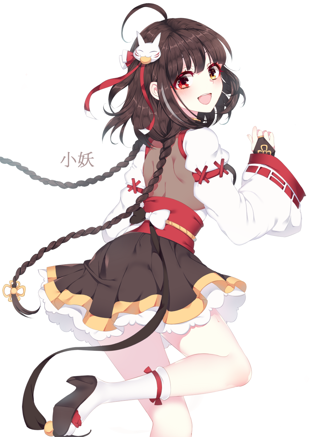 1girl :d ahoge ara_han black_hair black_skirt blanket_(kkbjah) braid bridal_gauntlets colored_eyelashes cowboy_shot elsword fox_hair_ornament heterochromia highres little_specter_(elsword) long_hair looking_at_viewer open_mouth red_eyes skirt smile socks solo standing standing_on_one_leg twin_braids white_background white_legwear yellow_eyes