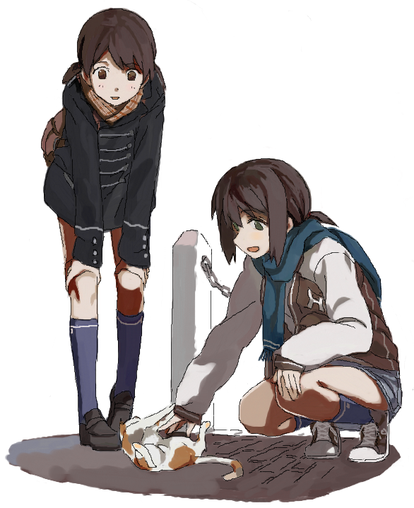 2girls :d backpack bag bangs black_coat black_footwear blue_legwear blue_scarf blush brown_eyes brown_hair cat coat commentary_request cross-laced_footwear dot_nose eyebrows_visible_through_hair fringe fubuki_(kantai_collection) full_body green_eyes hand_on_own_knee hands_on_own_knees jacket kantai_collection kneehighs leaning_forward letterman_jacket loafers long_sleeves multiple_girls ningen_(ningen96) open_mouth petting plaid plaid_scarf raised_eyebrows scarf shirayuki_(kantai_collection) shoes short_hair simple_background smile sneakers squatting standing white_background