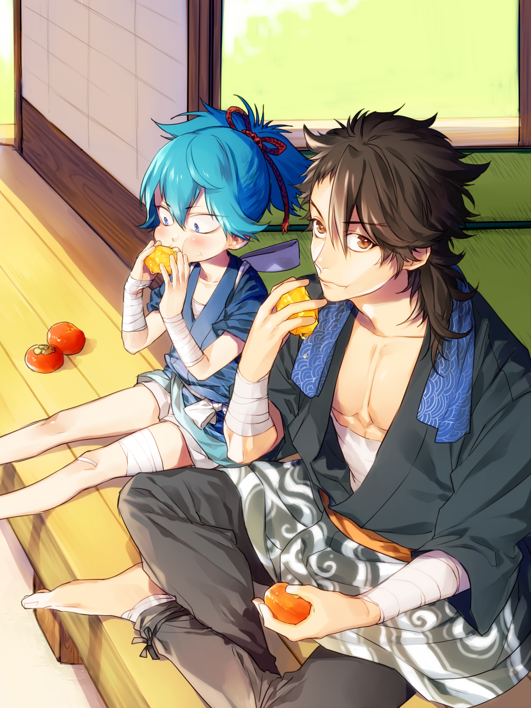 2boys arm_wrap bandage barefoot blue_eyes blue_hair brown_eyes brown_hair eating highres hokora_(n70) japanese_clothes looking_at_viewer male_focus multiple_boys mutsu-no-kami_yoshiyuki sayo_samonji sitting sliding_doors tatami touken_ranbu