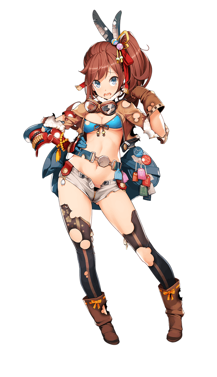 1girl ataruman blue_eyes boots breasts brown_hair chaps cleavage cowboy_boots formation_girls full_body gloves goggles highres kobayakawa_karin looking_at_viewer medium_breasts midriff navel official_art one_eye_closed open_mouth short_shorts shorts side_ponytail smile solo thigh-highs torn_clothes torn_thighhighs transparent_background unbuttoned