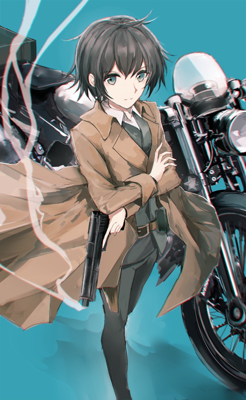 1girl belt black_hair brown_coat closed_mouth coat collared_shirt crossed_arms eyebrows_visible_through_hair feet_out_of_frame green_background green_eyes ground_vehicle gun handgun hermes highres holding holding_gun holding_weapon kino kino_no_tabi long_sleeves looking_at_viewer motor_vehicle motorcycle pants pistol shirt short_hair simple_background standing steam swav vest weapon white_shirt wing_collar