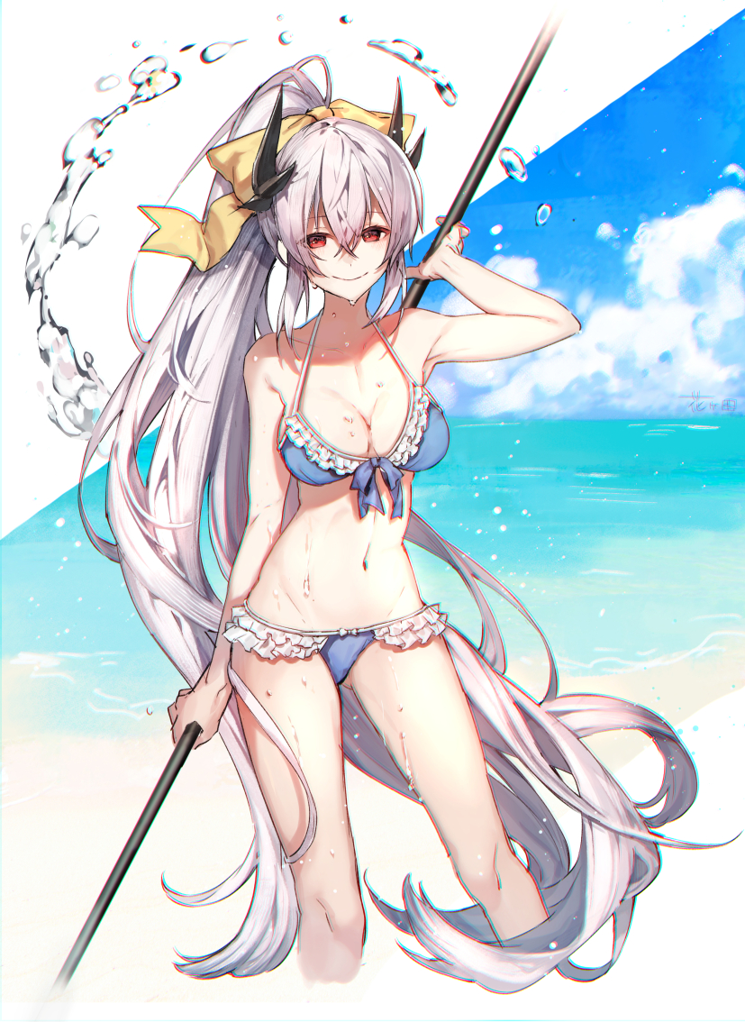 1girl bikini blue_bikini bow breasts cleavage collarbone cropped_legs fate/grand_order fate_(series) frilled_bikini frills groin hair_between_eyes hair_bow hanakeda_(hanada_shiwo) high_ponytail holding holding_weapon horns kiyohime_(fate/grand_order) long_hair looking_at_viewer medium_breasts navel polearm red_eyes silver_hair smile solo swimsuit very_long_hair weapon wet yellow_bow