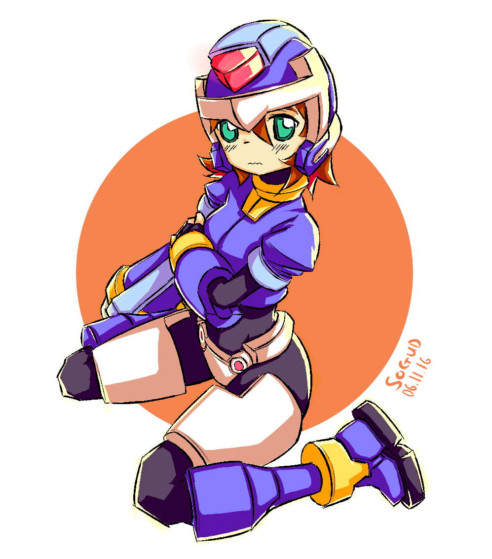 1girl aile blush bodysuit breasts brown_hair commentary_request fi_gu gloves green_eyes helmet rockman rockman_zx short_hair skin_tight solo spandex