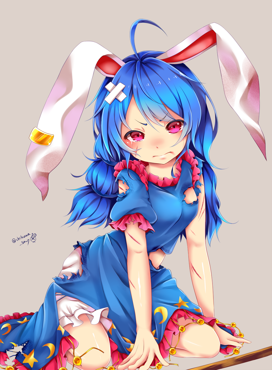 1girl ahoge animal_ears bandaid bloomers blue_dress blue_hair chikuwa_savi closed_mouth commentary_request crescent cuts dress ear_clip highres injury long_hair looking_at_viewer puffy_short_sleeves puffy_sleeves rabbit_ears red_eyes seiran_(touhou) short_sleeves simple_background sitting solo star torn_clothes torn_dress touhou twitter_username underwear