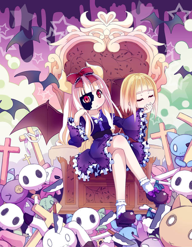 1girl 54hao arm_support bangs bat black_footwear black_wings blonde_hair blunt_bangs blush bobby_socks bow chin_rest closed_eyes collarbone commentary_request cross demon_horns demon_wings disembodied_head dress frilled_dress frilled_sleeves frills holding_head horns knife latin_cross leaning_to_the_side legs_crossed long_hair long_sleeves looking_at_viewer original parted_lips purple_bow purple_dress red_eyes sitting skull socks solo stabbed star stuffed_animal stuffed_bunny stuffed_cat stuffed_toy throne very_long_hair white_bow white_legwear wide_sleeves wings