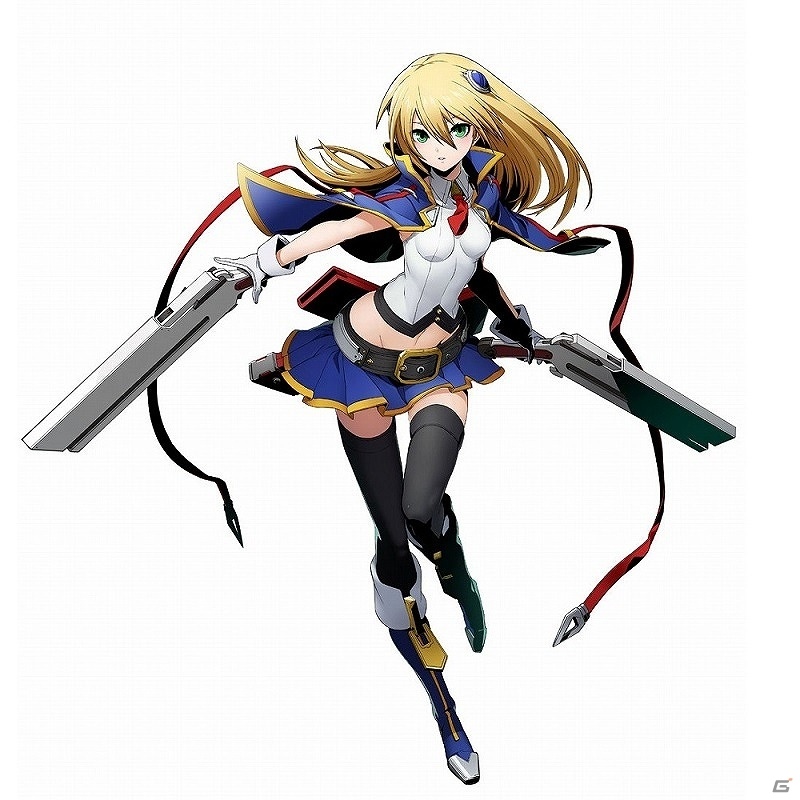 1girl blazblue blazblue:_cross_tag_battle blonde_hair dual_wielding green_eyes gun handgun jacket_on_shoulders noel_vermillion official_art weapon