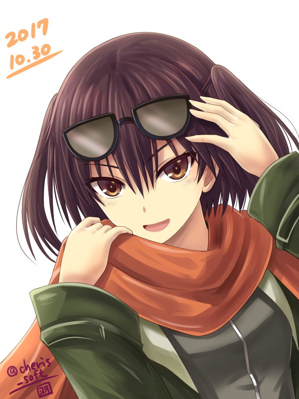 1girl black_hair brown_eyes dated eyewear_on_head green_eyes haura_akitoshi kantai_collection looking_at_viewer open_mouth orange_scarf scarf sendai_(kantai_collection) short_hair simple_background solo twitter_username two_side_up upper_body white_background