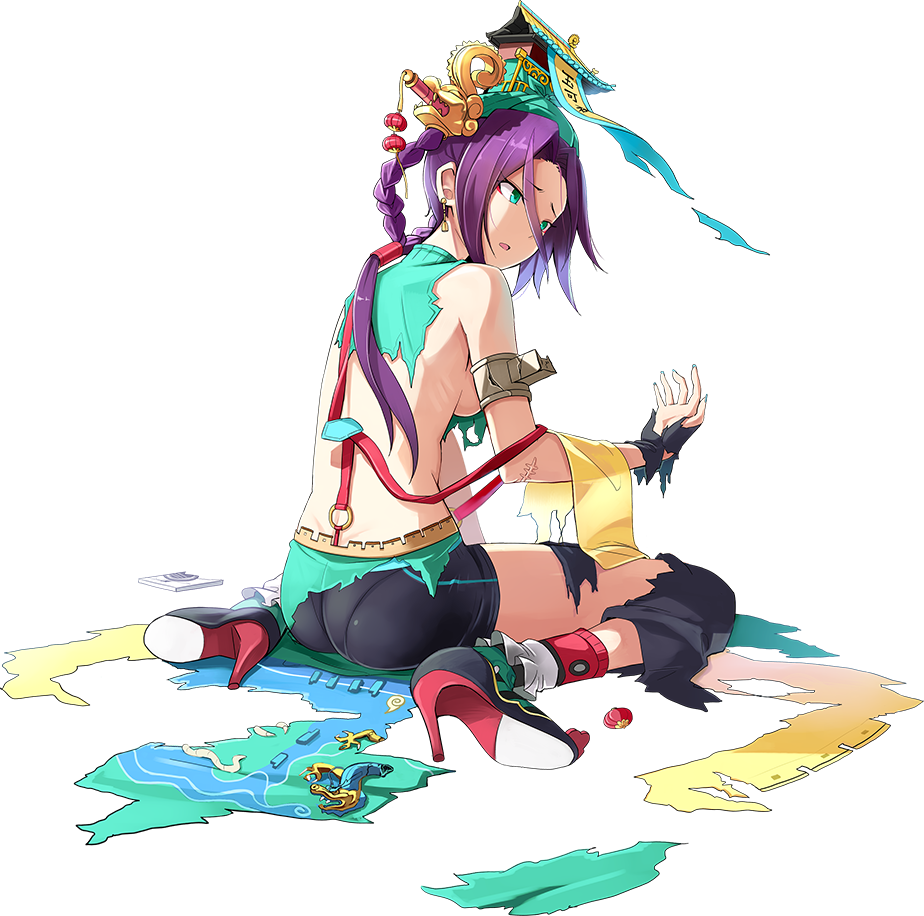 1girl aqua_eyes ass bike_shorts braid braided_ponytail breasts emerane from_behind full_body long_hair low_ponytail official_art oshiro_project oshiro_project_re pingyao_gucheng_(oshiro_project) purple_hair sideboob single_braid sitting solo torn_clothes transparent_background