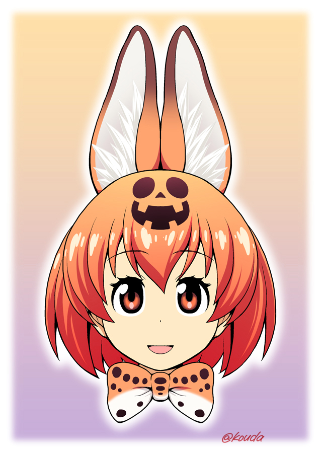 1girl :d alternate_hair_color animal_ears bangs bow bowtie eyebrows_visible_through_hair gradient gradient_background halloween jack-o'-lantern kemono_friends kouda_tomohiro looking_at_viewer official_style open_mouth portrait red_eyes redhead serval_(kemono_friends) serval_ears serval_print short_hair smile solo twitter_username