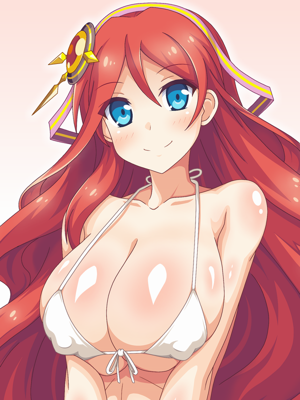 1girl blue_eyes blush breasts character_request cleavage closed_mouth collarbone copyright_request erect_nipples eyebrows_visible_through_hair f_1chan front-tie_bikini front-tie_top hair_between_eyes hair_ornament halterneck head_tilt large_breasts long_hair looking_at_viewer redhead shiny shiny_skin smile solo upper_body white_bikini_top