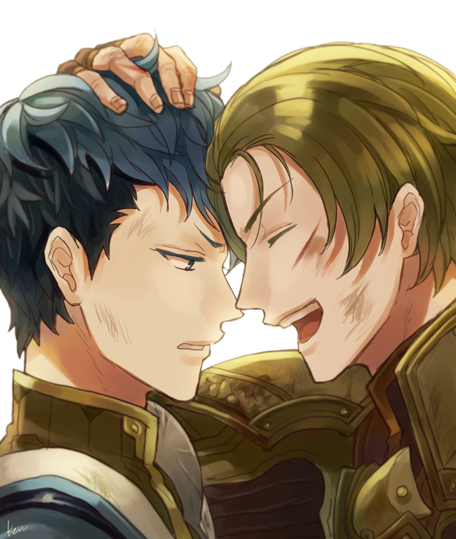 2boys akke armor artist_name blood blood_on_face blue_eyes blue_hair closed_eyes fingerless_gloves fire_emblem fire_emblem_echoes:_mou_hitori_no_eiyuuou force_(fire_emblem) gloves green_eyes green_hair injury male_focus multiple_boys paison simple_background upper_body white_background yaoi