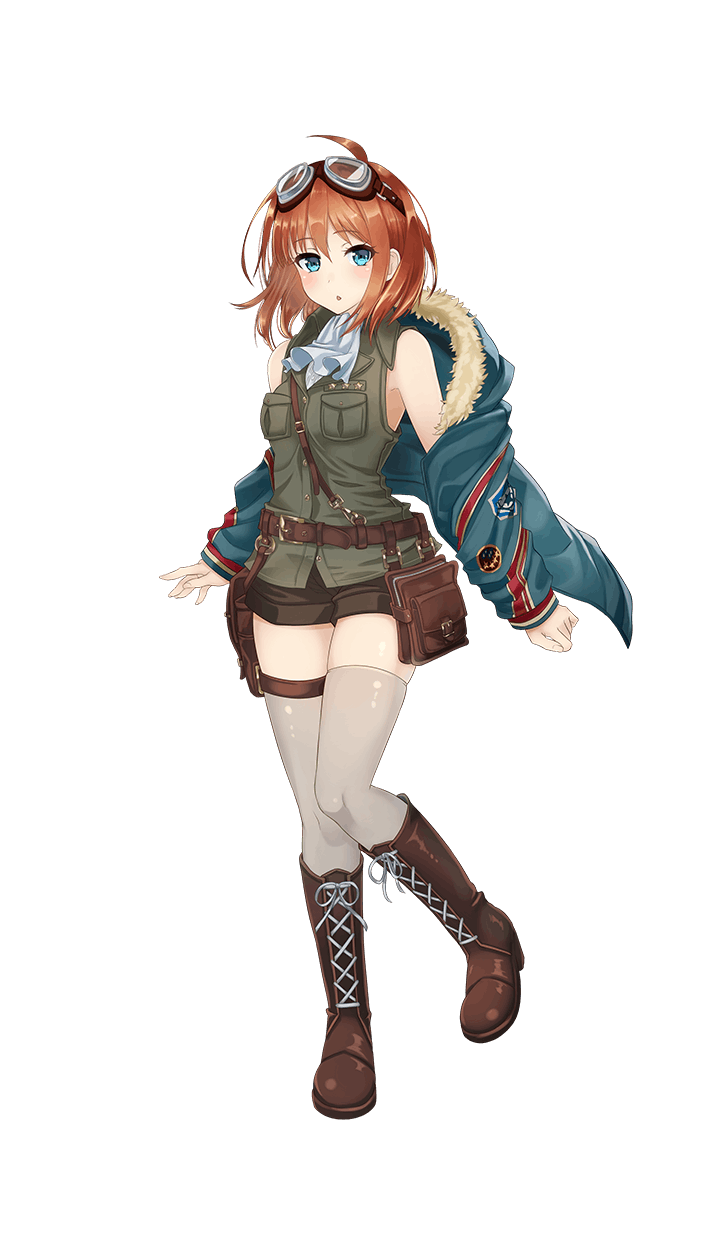 1girl ahoge akai_kagerou blue_jacket boots breast_pocket brown_footwear brown_hair chloe_williams cross-laced_footwear formation_girls full_body goggles goggles_on_head grey_legwear highres jacket jacket_over_shoulder knee_boots lace-up_boots looking_at_viewer pocket short_hair short_shorts shorts sleeveless solo thigh-highs transparent_background