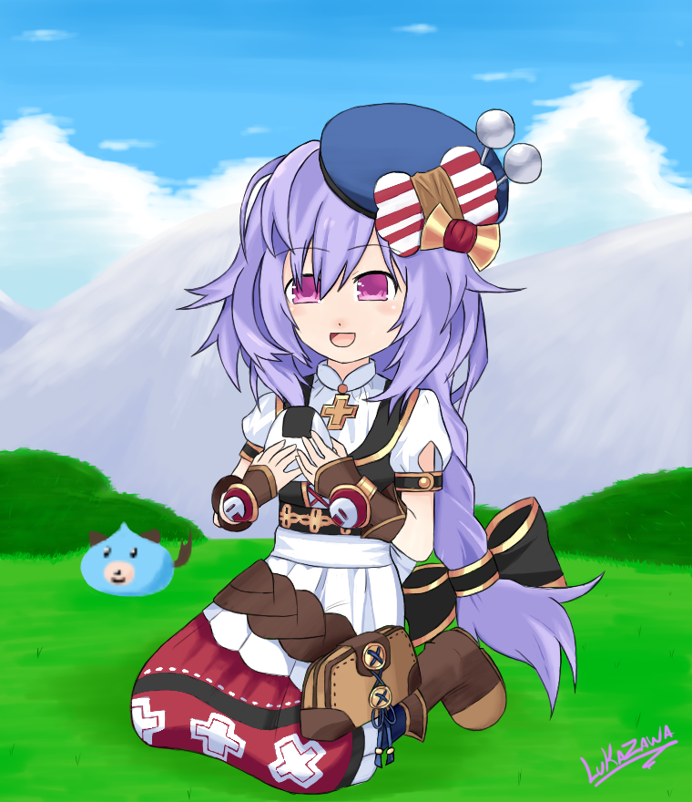 1girl :d beret boots bow braid dogoo dress food four_goddesses_online:_cyber_dimension_neptune hat holding holding_food long_hair looking_at_viewer lukazawa neptune_(series) onigiri open_mouth pincushion purple_hair pururut seiza short_sleeves sitting smile solo very_long_hair violet_eyes