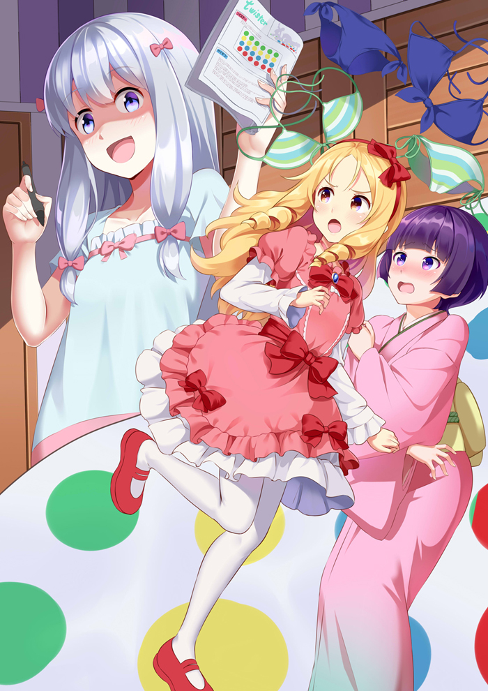 3girls :d bikini_removed blonde_hair blue_eyes blush bow brown_eyes dress drill_hair eromanga_sensei eyebrows_visible_through_hair hair_bow hairband holding holding_pen huyumitsu izumi_sagiri japanese_clothes kimono long_hair mary_janes multiple_girls obi one_leg_raised open_mouth pink_bow pink_dress pink_kimono purple_hair red_bow red_footwear red_hairband sash senju_muramasa shoes short_dress short_hair silver_hair smile twin_drills twister violet_eyes white_legwear yamada_elf yukata