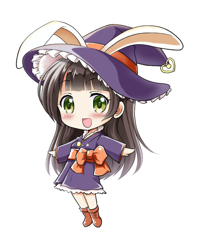 1girl :d animal_ears bangs blunt_bangs blush boots brown_footwear brown_hair chibi commentary_request eyebrows_visible_through_hair frilled_hat frilled_kimono frills full_body gochuumon_wa_usagi_desu_ka? green_eyes halloween_costume hat hat_ribbon heart japanese_clothes kimono long_hair long_sleeves looking_at_viewer narurun_(final123) obi open_mouth orange_ribbon outstretched_arms purple_hat purple_kimono rabbit_ears ribbon sash short_kimono simple_background smile solo standing ujimatsu_chiya white_background wide_sleeves witch_hat