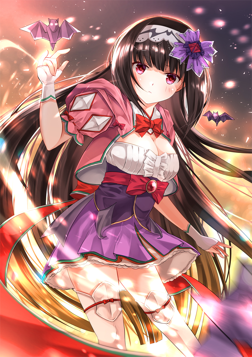 1girl bat black_hair blush breasts brown_hair cleavage fate/grand_order fate_(series) fingerless_gloves gloves gradient_hair hair_ornament hairband highres hood hoodie iroha_(shiki) long_hair looking_at_viewer low_twintails multicolored_hair origami osakabe-hime_(fate/grand_order) purple_skirt skirt solo twintails very_long_hair violet_eyes