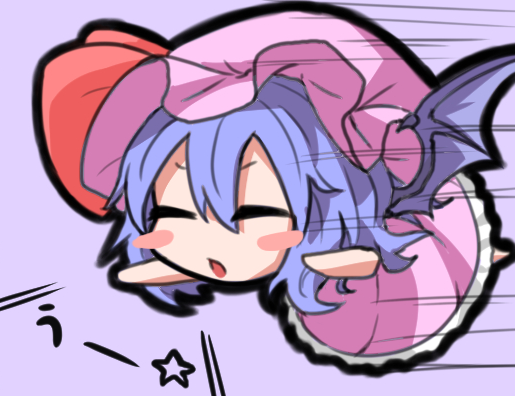 &gt;:o 1girl :o =_= bat_wings blue_hair bow chestnut_mouth chibi commentary flying fukutchi full_body hat hat_bow lavender_background mob_cap motion_lines remilia_scarlet simple_background solo touhou translated uu~ wings