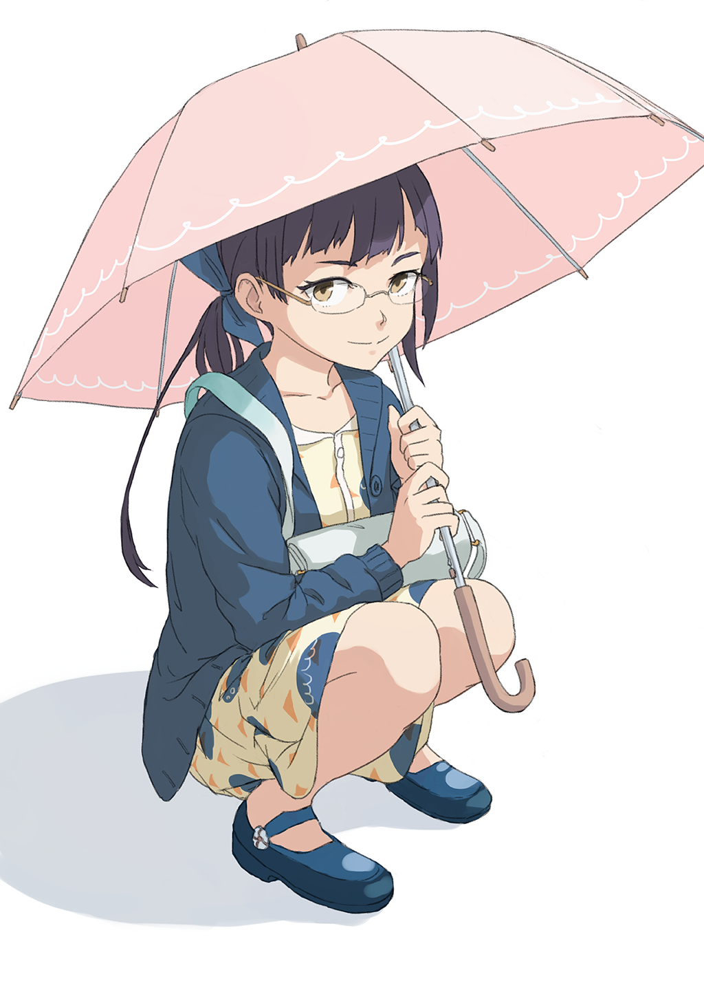 1girl bespectacled blue_ribbon commentary fujinami_(kantai_collection) glasses hair_ribbon highres holding holding_umbrella kantai_collection looking_at_viewer purple_hair ribbon rimless_eyewear simple_background solo squatting taruya umbrella white_background