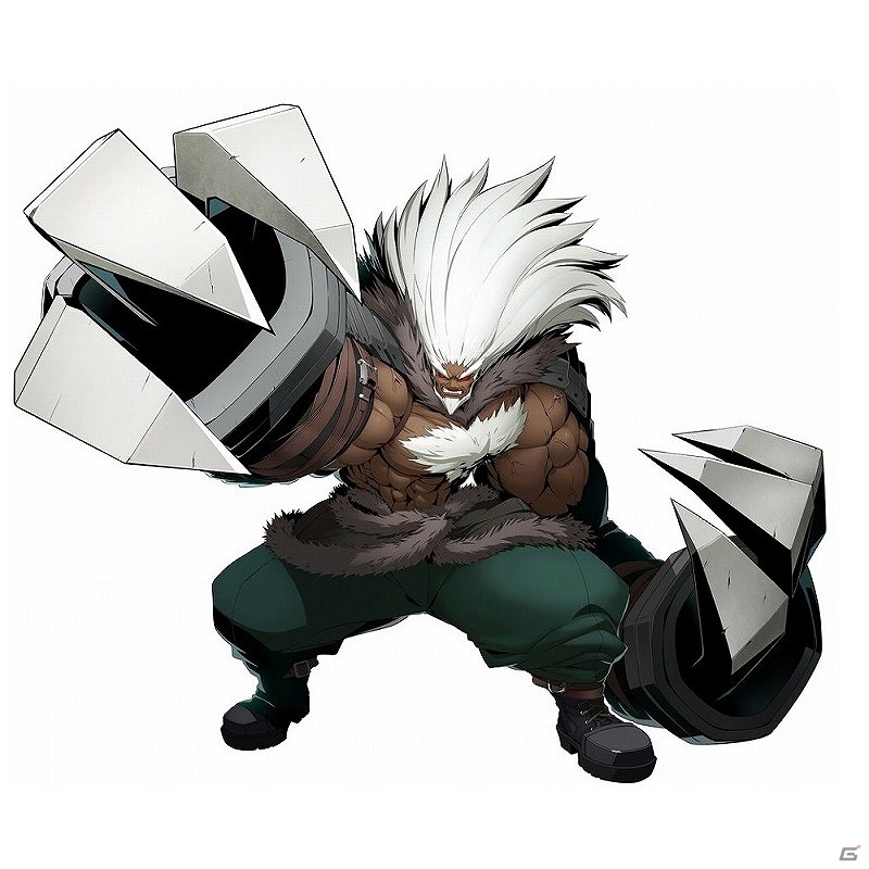 1boy blazblue:_cross_tag_battle chest_hair claw_(weapon) giant muscle official_art red_eyes shirtless solo under_night_in-birth waldstein weapon white_hair