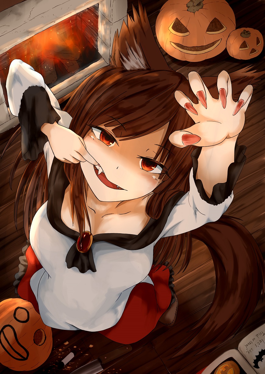 1girl animal_ears arm_up book broom brown_footwear brown_hair claw_pose commentary_request dress fangs fire fireplace from_above full_body highres imaizumi_kagerou jack-o'-lantern kagami_toufu long_hair long_sleeves looking_at_viewer mouth_pull nail_polish pumpkin red_eyes red_nails solo standing tail touhou wolf_ears wolf_tail wooden_floor