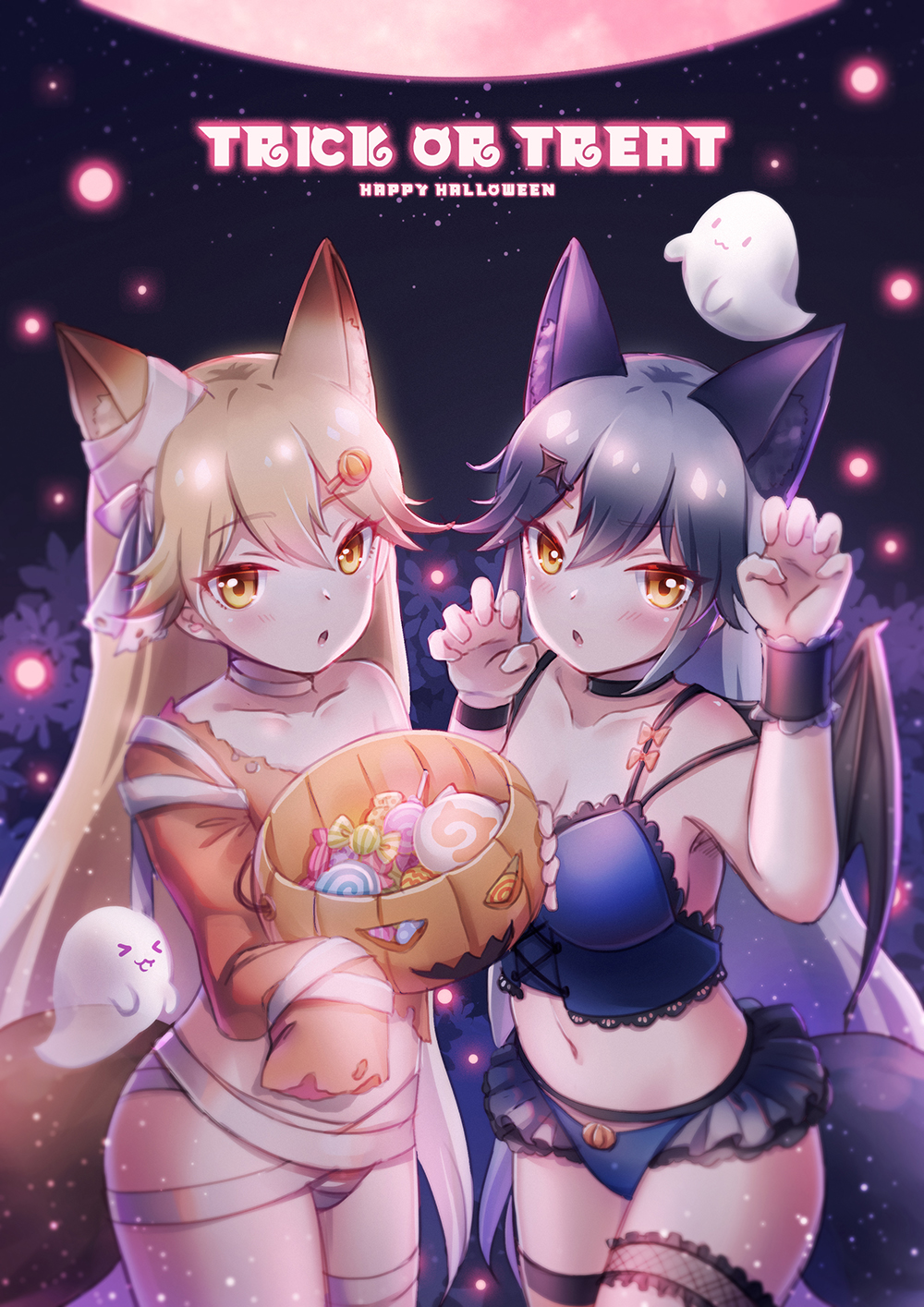 2girls :3 animal_ears bandage bat_hair_ornament bat_wings blonde_hair blush breasts candy choker cleavage collarbone commentary_request emia_wang extra_ears ezo_red_fox_(kemono_friends) food food_themed_hair_ornament fox_ears fox_tail ghost hair_between_eyes hair_ornament hairclip halloween halloween_costume happy_halloween highres jack-o'-lantern kemono_friends lace_trim large_breasts leg_garter lollipop long_hair looking_at_viewer midriff multicolored_hair multiple_girls navel open_mouth orange_eyes paw_pose pumpkin_hair_ornament silver_fox_(kemono_friends) silver_hair single_wrist_cuff sleeves_past_wrists tail trick_or_treat very_long_hair wings