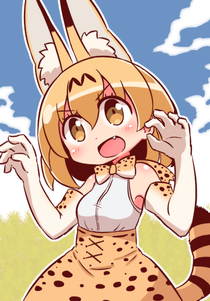&gt;:o 1girl :o animal_ears bare_shoulders blonde_hair blush bow bowtie claw_pose clouds day elbow_gloves extra_ears fang gloves hair_between_eyes high-waist_skirt kemono_friends multicolored multicolored_clothes multicolored_gloves naga_u outdoors print_gloves print_neckwear print_skirt serval_(kemono_friends) serval_ears serval_print serval_tail skirt sky sleeveless solo tail white_gloves yellow_eyes yellow_gloves