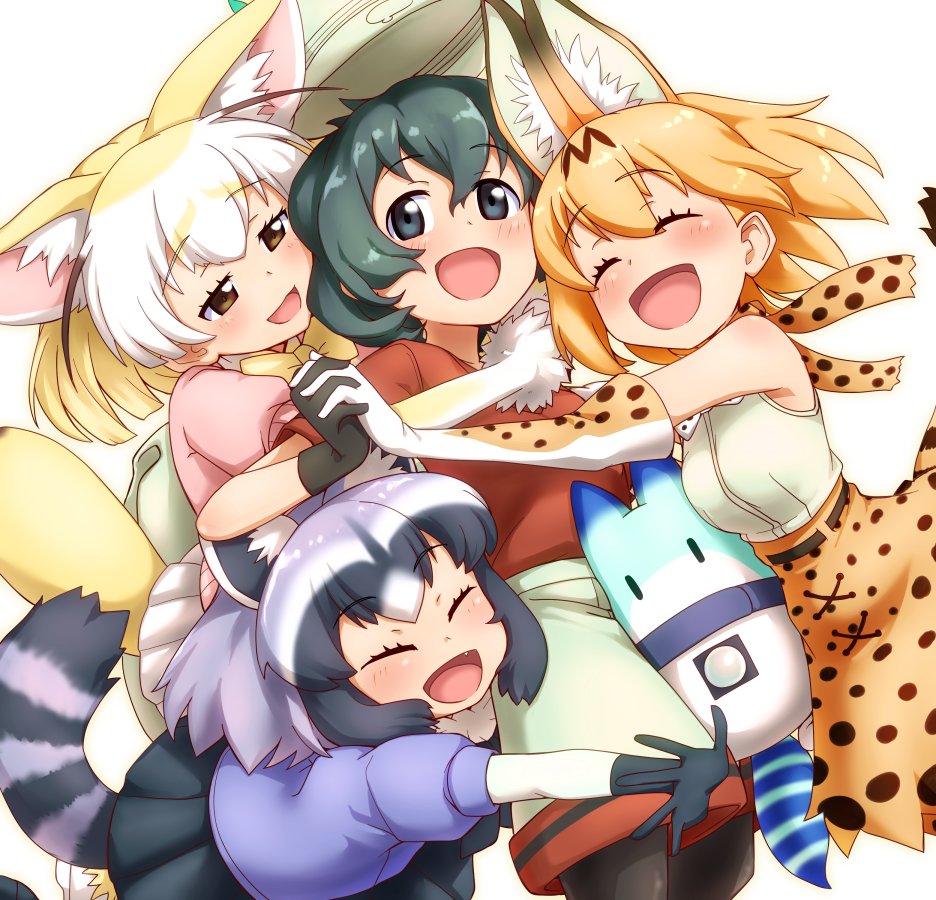 4girls :d ^_^ animal_ears black_eyes black_gloves blonde_hair bow bowtie brown_eyes closed_eyes commentary_request common_raccoon_(kemono_friends) elbow_gloves extra_ears eyebrows_visible_through_hair fang fennec_(kemono_friends) fox_ears fox_tail fur-trimmed_gloves fur_trim girl_sandwich gloves green_hair grey_hair group_hug hair_between_eyes hand_holding happy high-waist_skirt hug interlocked_fingers kaban_(kemono_friends) kemono_friends kobamiso_(kobalt) lucky_beast_(kemono_friends) multicolored_hair multiple_girls open_mouth print_gloves print_skirt puffy_short_sleeves puffy_sleeves raccoon_ears raccoon_tail red_shirt sandwiched serval_(kemono_friends) serval_ears serval_print shirt short_hair short_sleeves shorts silver_hair simple_background skirt sleeveless sleeveless_shirt smile tail white_background white_hair white_shirt yellow_neckwear