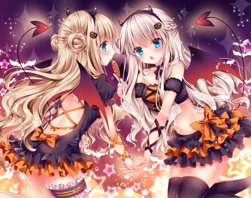 2girls arm_ribbon armband bandeau bangs bat black_dress black_hairband black_legwear black_neckwear black_ribbon black_skirt blue_eyes blush bow braid breasts candy chestnut_mouth choker commentary_request crop_top demon_horns demon_tail demon_wings double_bun dress eyebrows_visible_through_hair fake_horns fang fingernails food frilled_skirt frills hair_between_eyes hair_ornament hairband halloween hands_together head_tilt holding holding_lollipop horns jack-o'-lantern jack-o'-lantern_hair_ornament leg_garter licking light_brown_hair lollipop long_hair looking_at_viewer looking_to_the_side medium_breasts midriff multiple_girls navel nogi_takayoshi open-back_dress orange_bow orange_ribbon original parted_lips pleated_skirt profile puffy_short_sleeves puffy_sleeves ribbon shiny shiny_skin short_sleeves skirt sparkle star swirl_lollipop tail thigh-highs tongue tongue_out very_long_hair wings