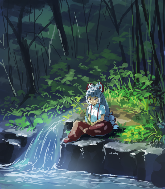 1girl bangs blunt_bangs bow collared_shirt fishing fishing_rod forest fujiwara_no_mokou grass grey_hair hair_bow heiya long_hair nature outdoors pants red_eyes red_footwear red_pants river shirt short_sleeves sitting solo touhou very_long_hair white_bow white_shirt