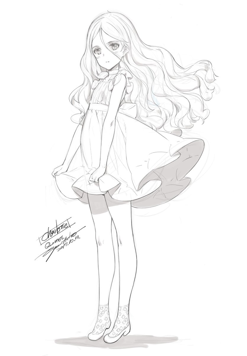 1girl ankle_socks artist_name bangs character_name character_request choker copyright_request dated dress dress_lift frilled_sleeves frills full_body hair_between_eyes highres long_hair looking_at_viewer monochrome ooyari_ashito parted_bangs parted_lips print_legwear simple_background sketch sleeveless slippers solo standing wavy_hair white_background