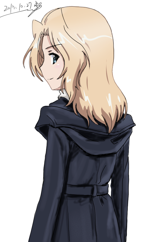 1girl artist_name blonde_hair blue_coat blue_eyes bukkuri casual closed_mouth dated eyebrows_visible_through_hair from_behind girls_und_panzer hair_intakes hood hooded_coat kay_(girls_und_panzer) long_hair long_sleeves looking_at_viewer looking_back signature simple_background smile solo standing upper_body white_background