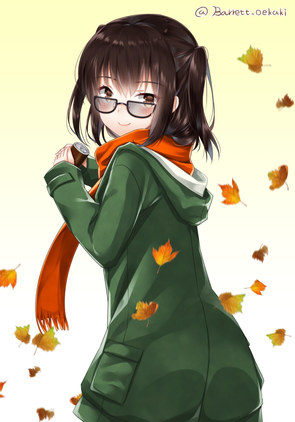 1girl autumn_leaves baretto_(firearms_1) black_hair blurry brown_eyes can casual commentary_request depth_of_field glasses highres holding hooded_coat kantai_collection long_hair looking_at_viewer looking_back scarf sendai_(kantai_collection) smile solo twitter_username two_side_up