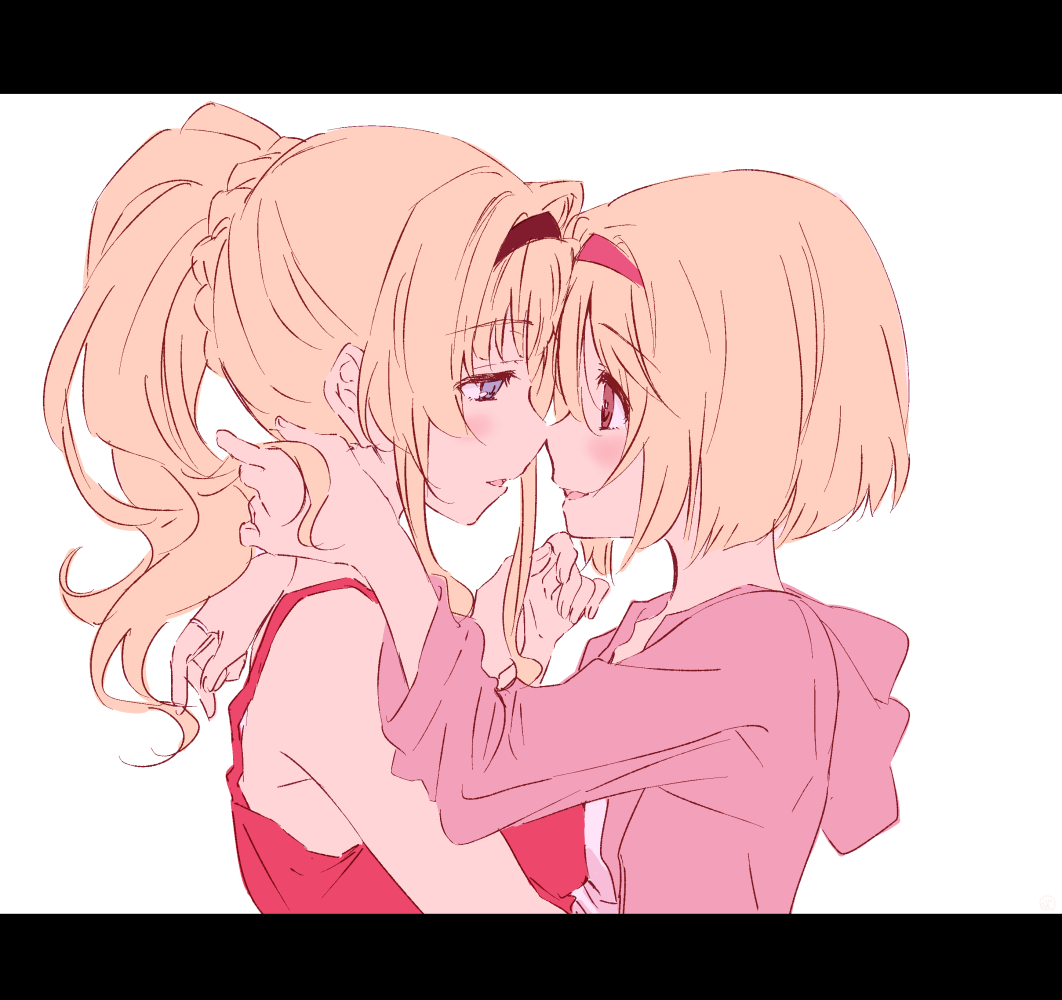 2girls blonde_hair blue_eyes blush braid brown_eyes djeeta_(granblue_fantasy) eyebrows_visible_through_hair from_side granblue_fantasy hairband hand_in_hair hatamichi_(ichibata5656) hood hoodie letterboxed long_hair looking_at_another multiple_girls parted_lips pink_hoodie ponytail profile red_shirt shirt short_hair sketch sleeveless sleeveless_shirt upper_body white_background yuri zeta_(granblue_fantasy)