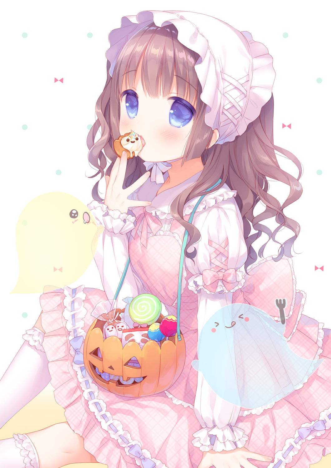 &gt;_&lt; 1girl :q arm_support bangs blue_eyes blush blush_stickers bonnet brown_hair candy cookie dress eating eyebrows_visible_through_hair food fork frilled_dress frilled_legwear frills ghost halloween halloween_basket hand_to_own_mouth hat highres jack-o'-lantern juliet_sleeves lollipop long_hair long_sleeves original pink_background pink_dress plaid plaid_dress puffy_sleeves simple_background sitting sleeves_past_wrists solo swirl_lollipop tareme thigh-highs tongue tongue_out usashiro_mani white_background white_hat white_legwear