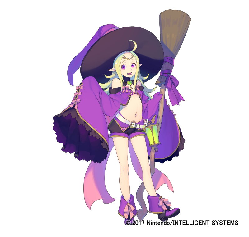 1girl :d bare_shoulders belt blonde_hair boots broom circlet fire_emblem fire_emblem_heroes full_body halloween halloween_costume hat high_heels long_hair looking_at_viewer midriff nagisa_kurousagi navel nowi_(fire_emblem) official_art open_mouth pointy_ears purple_hair shorts sleeves_past_wrists smile solo teeth watermark witch_hat