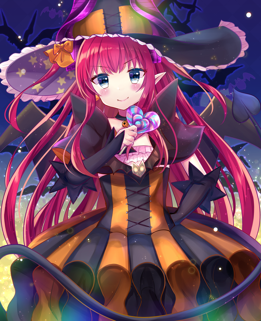 1girl bat_wings candy choker commentary_request detached_sleeves elizabeth_bathory_(halloween)_(fate) fate/grand_order fate_(series) food grey_eyes hat highres holding horns lancer_(fate/extra_ccc) lollipop long_hair looking_at_viewer minami_saki pointy_ears redhead smile solo tail wings witch_hat