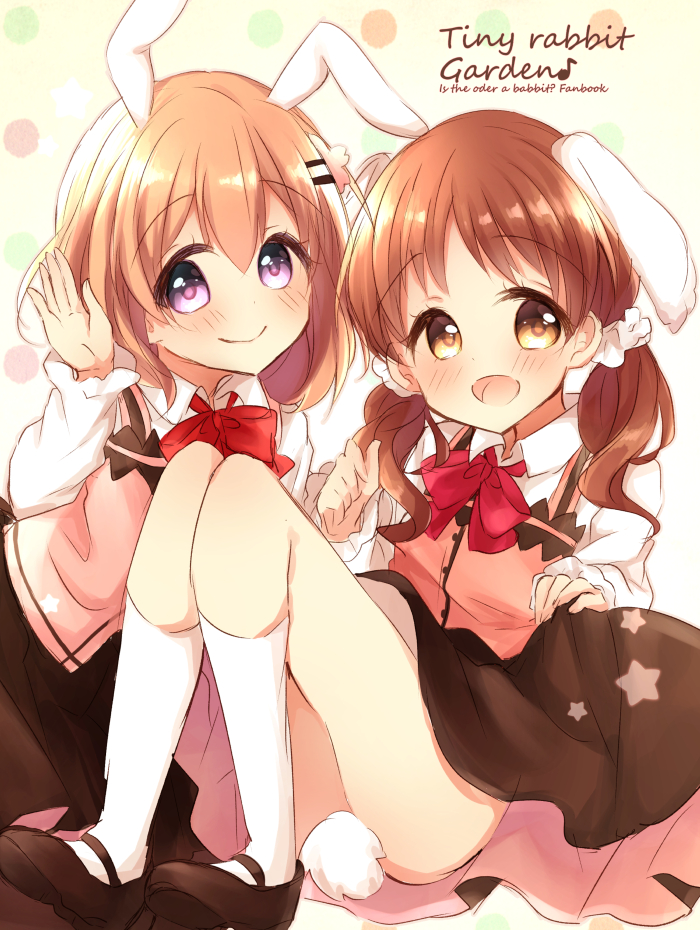 2girls :d animal_ears arm_up bangs black_footwear black_skirt blush bow bowtie brown_eyes brown_hair bunny_girl bunny_tail collared_shirt commentary_request copyright_name eyebrows_visible_through_hair gochuumon_wa_usagi_desu_ka? hair_between_eyes hair_ornament hair_scrunchie hairclip haru_ichigo hoto_cocoa kneehighs long_hair long_sleeves low_twintails mary_janes matching_outfit multicolored multicolored_polka_dots multiple_girls musical_note natsu_megumi open_mouth pink_vest polka_dot polka_dot_background quaver rabbit_ears rabbit_house_uniform red_neckwear scrunchie shirt shoes sitting skirt skirt_hold smile star tail twintails typo violet_eyes white_legwear white_scrunchie white_shirt