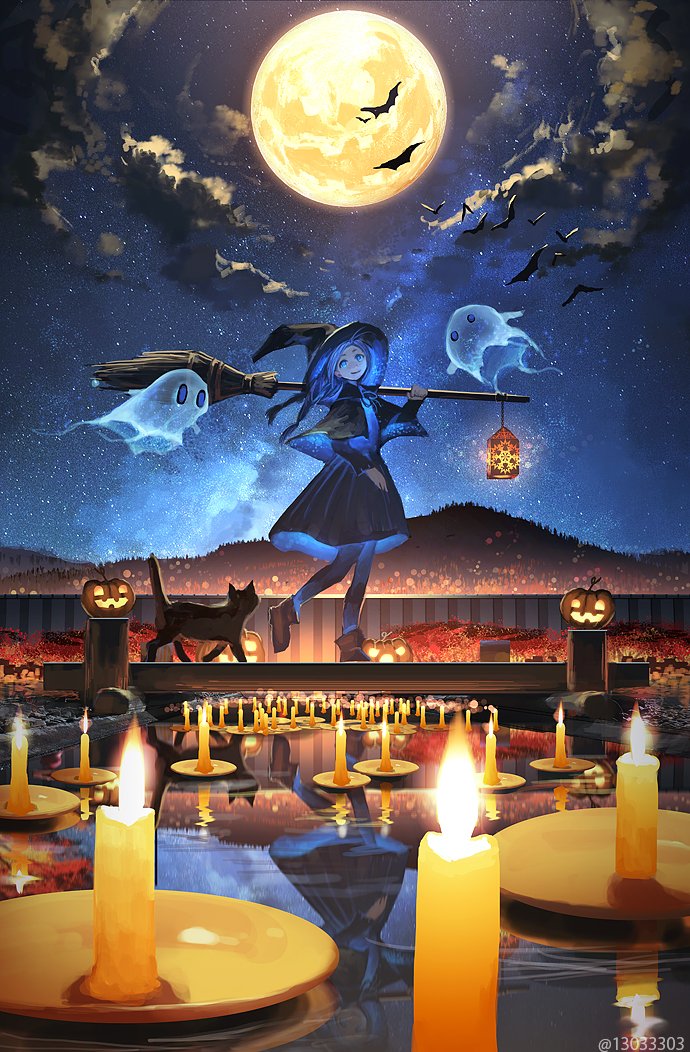 1girl afloat animal arizuka_(13033303) bat black_cape black_cat black_dress black_hat black_legwear blue_eyes blue_hair broom brown_footwear candle cape capelet carrying_over_shoulder cat clouds cloudy_sky dress full_moon ghost halloween hat jack-o'-lantern lantern long_sleeves looking_up moon night original sky smile star_(sky) starry_sky twitter_username water witch witch_hat