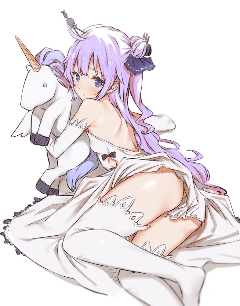 1girl ass azur_lane bare_shoulders breasts closed_mouth dress elbow_gloves gloves long_hair looking_back lying object_hug one_side_up purple_hair saboten shoulder_blades simple_background small_breasts solo stuffed_animal stuffed_toy thigh-highs unicorn_(azur_lane) violet_eyes white_background white_dress white_gloves white_legwear