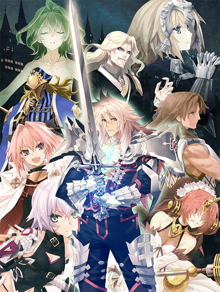 3girls 6+boys archer_of_black armor armored_dress assassin_of_black balmung_(fate/apocrypha) bandage bangs bare_shoulders berserker_of_black black_legwear black_ribbon blonde_hair blue_eyes breasts bridal_veil brown_hair cape capelet caster_of_black chains cloak closed_eyes elbow_gloves eyebrows_visible_through_hair fang fate/apocrypha fate/grand_order fate_(series) gauntlets gloves green_eyes hair_ornament hair_over_eyes hair_ribbon headpiece holding holding_knife holding_sword holding_weapon horn knife lancer_of_black large_breasts long_hair looking_at_viewer mask multicolored_hair multiple_boys multiple_girls official_art pink_eyes pink_hair pout red_eyes ribbon rider_of_black ruler_(fate/apocrypha) saber_of_black scar short_hair sieg_(fate/apocrypha) silver_hair sword two-tone_hair veil very_long_hair violet_eyes weapon white_gloves white_ribbon yellow_eyes