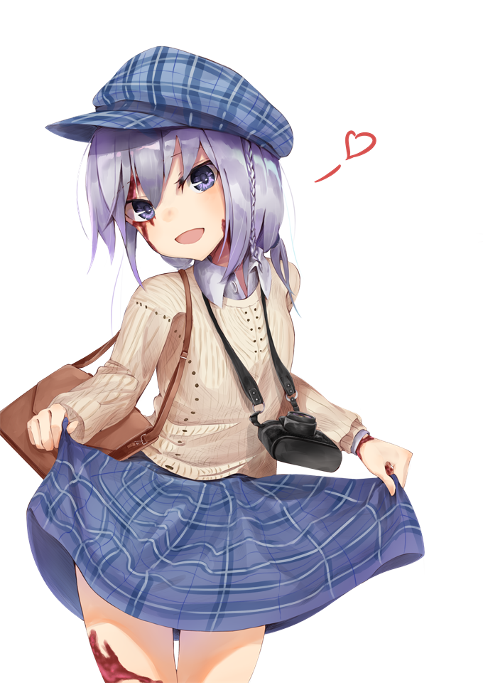 1girl :d bag braid burn_scar commentary_request cowboy_shot dorei_to_no_seikatsu_~teaching_feeling~ grey_hair hat heart kiomota long_hair long_sleeves looking_at_viewer low_twintails open_mouth plaid plaid_skirt scar side_braid simple_background skirt skirt_hold smile solo sylvie_(dorei_to_no_seikatsu) thigh_gap twintails violet_eyes white_background