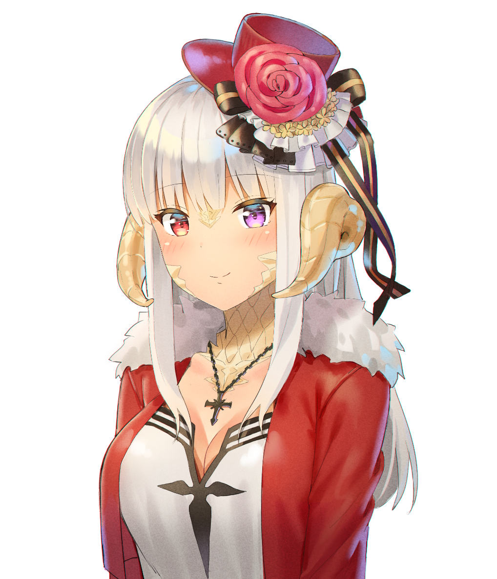1girl 5ya au_ra bangs black_ribbon blush breasts cleavage closed_mouth cross cross_necklace eyebrows_visible_through_hair final_fantasy final_fantasy_xiv flower frills fur_trim halloween hat hat_flower hat_ribbon heterochromia horns jacket jewelry large_breasts long_hair long_sleeves looking_at_viewer mini_hat necklace open_clothes open_jacket red_eyes red_jacket red_rose ribbon rose scales shirt simple_background smile solo top_hat upper_body violet_eyes white_background white_hair white_shirt