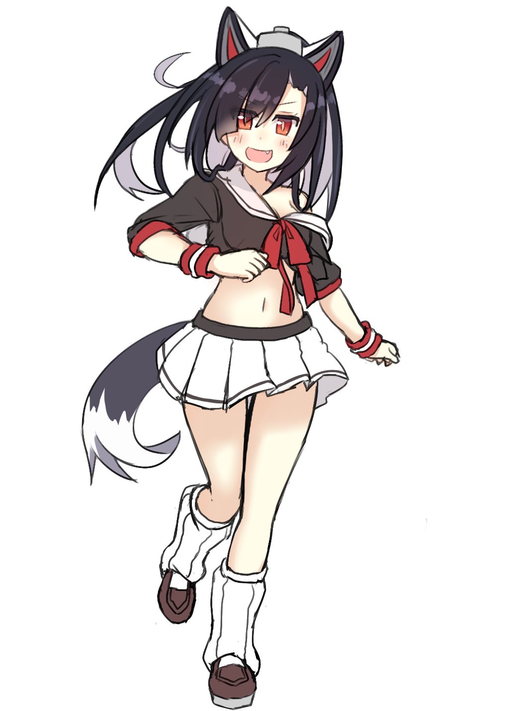 1girl animal_ears atsushi_(aaa-bbb) azur_lane black_hair blush breasts cleavage eyebrows_visible_through_hair fang hair_between_eyes highres loafers long_hair looking_at_viewer loose_socks midriff multicolored_hair navel off_shoulder one_leg_raised open_mouth pleated_skirt red_eyes red_ribbon ribbon school_uniform scrunchie serafuku shigure_(azur_lane) shoes short_sleeves simple_background skirt smile socks solo tail two-tone_hair white_background white_skirt wolf_ears wolf_tail