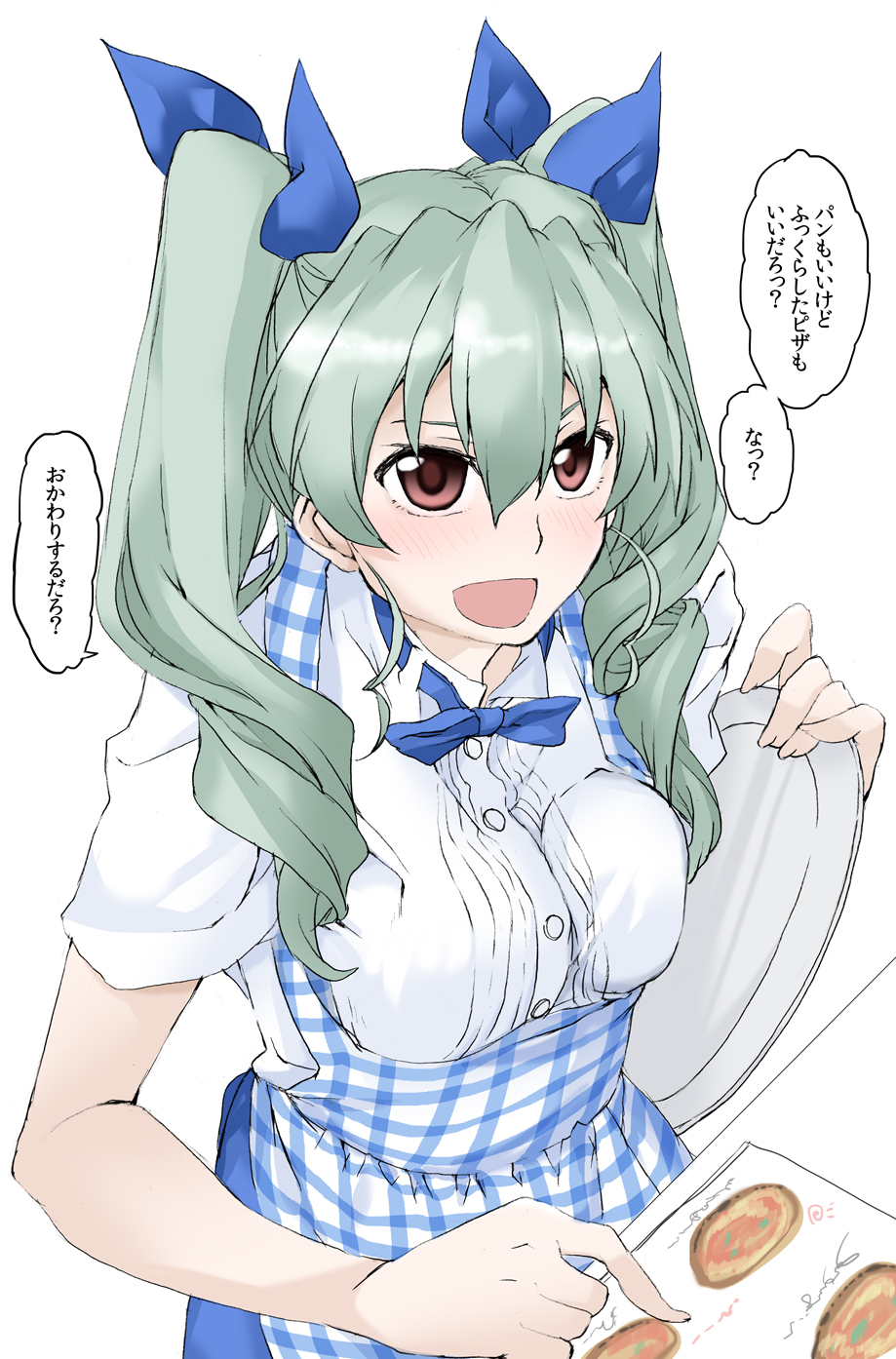 1girl :d anchovy apron bangs blue_apron blue_neckwear blue_ribbon blue_skirt blush bow bowtie commentary commentary_request drill_hair elf_(stroll_in_the_woods) girls_und_panzer graphite_(medium) green_hair hair_ribbon highres holding long_hair menu open_mouth plaid plaid_apron red_eyes ribbon shirt short_sleeves skirt smile solo standing traditional_media translation_request tray twin_drills twintails white_background white_shirt