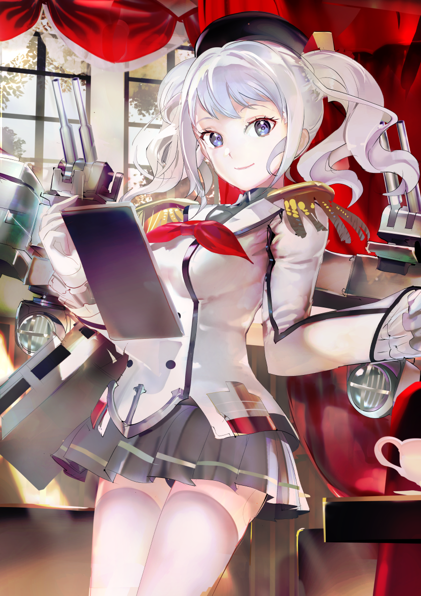119 1girl anchor blue_eyes breasts cup epaulettes highres kantai_collection kashima_(kantai_collection) long_hair long_sleeves looking_at_viewer medium_breasts military military_jacket military_uniform silver_hair smile solo teacup thigh-highs tsurime turret twintails uniform wavy_hair window