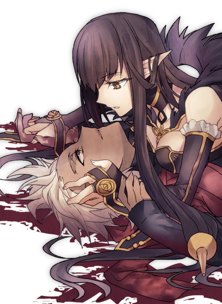 1boy 1girl assassin_of_red bare_shoulders black_hair breasts cleavage dark_skin dark_skinned_male detached_sleeves eye_contact fate/apocrypha fate_(series) hetero interlocked_fingers kotomine_shirou long_hair looking_at_another parted_lips pinned pointy_ears takasaki_(rock_rock) white_hair