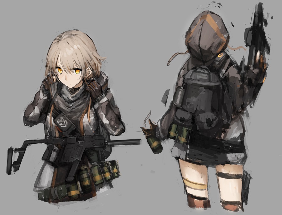 alternate_costume explosive girls_frontline gloves grenade gun hood hooded_jacket jacket looking_at_viewer short_hair silver_hair submachine_gun tdi_vector trigger_discipline unitsu vector_(girls_frontline) weapon yellow_eyes